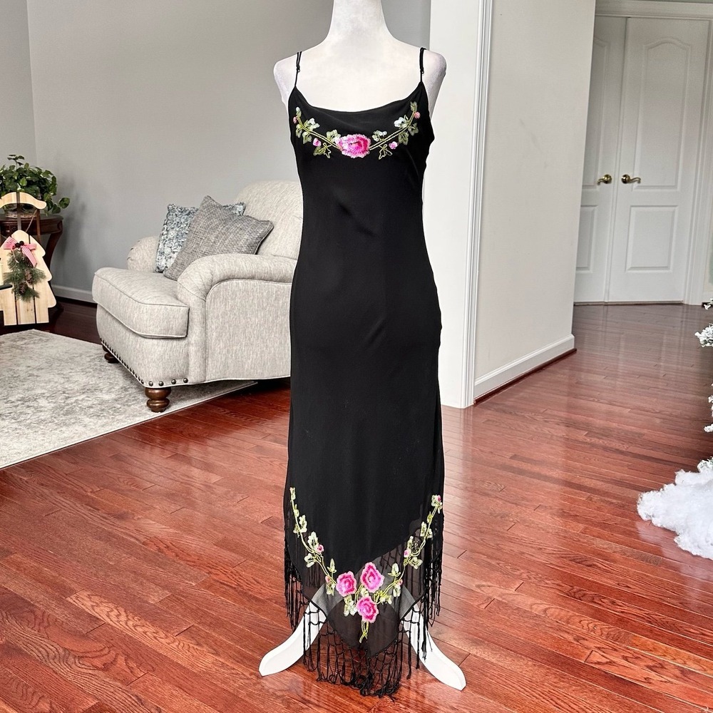 Vintage 90s Betsey Johnson New York Silk Black Sequin Asymmetrical Fringe Dress - Picture 2 of 12